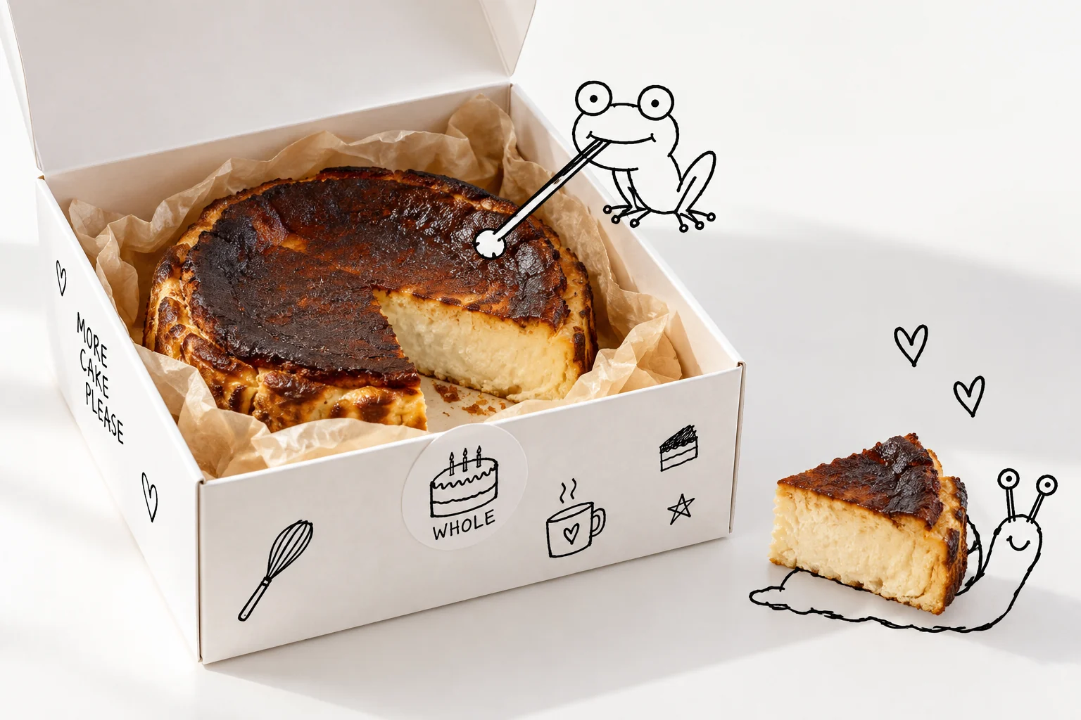 開いたホールケーキの箱の縁に落書きのカエルが座ってケーキに舌を伸ばし、落書きのカタツムリが切ったピースを背負って進む