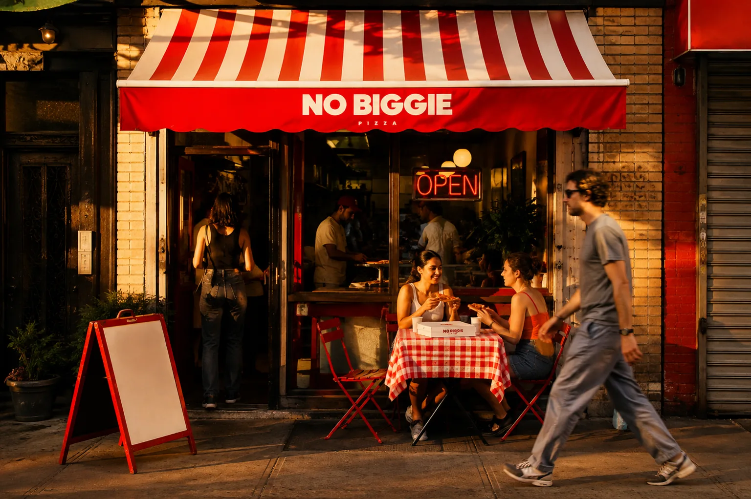 ゴールデンアワーの赤とクリームのストライプのオーニングにNO BIGGIEのワードマーク、窓に赤いOPENのネオン、店前のテーブルの二人と通行人