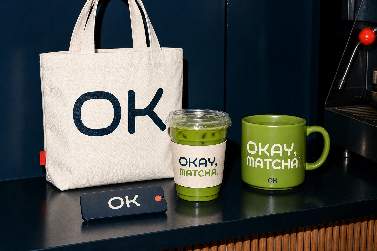 OKAY MATCHA の製品・グッズ一式 — トート、アイス抹茶、マグ、オーダータブ