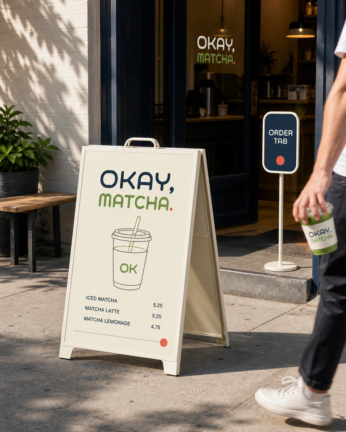 OKAY MATCHA 店頭のAフレームと ORDER TAB のサイン
