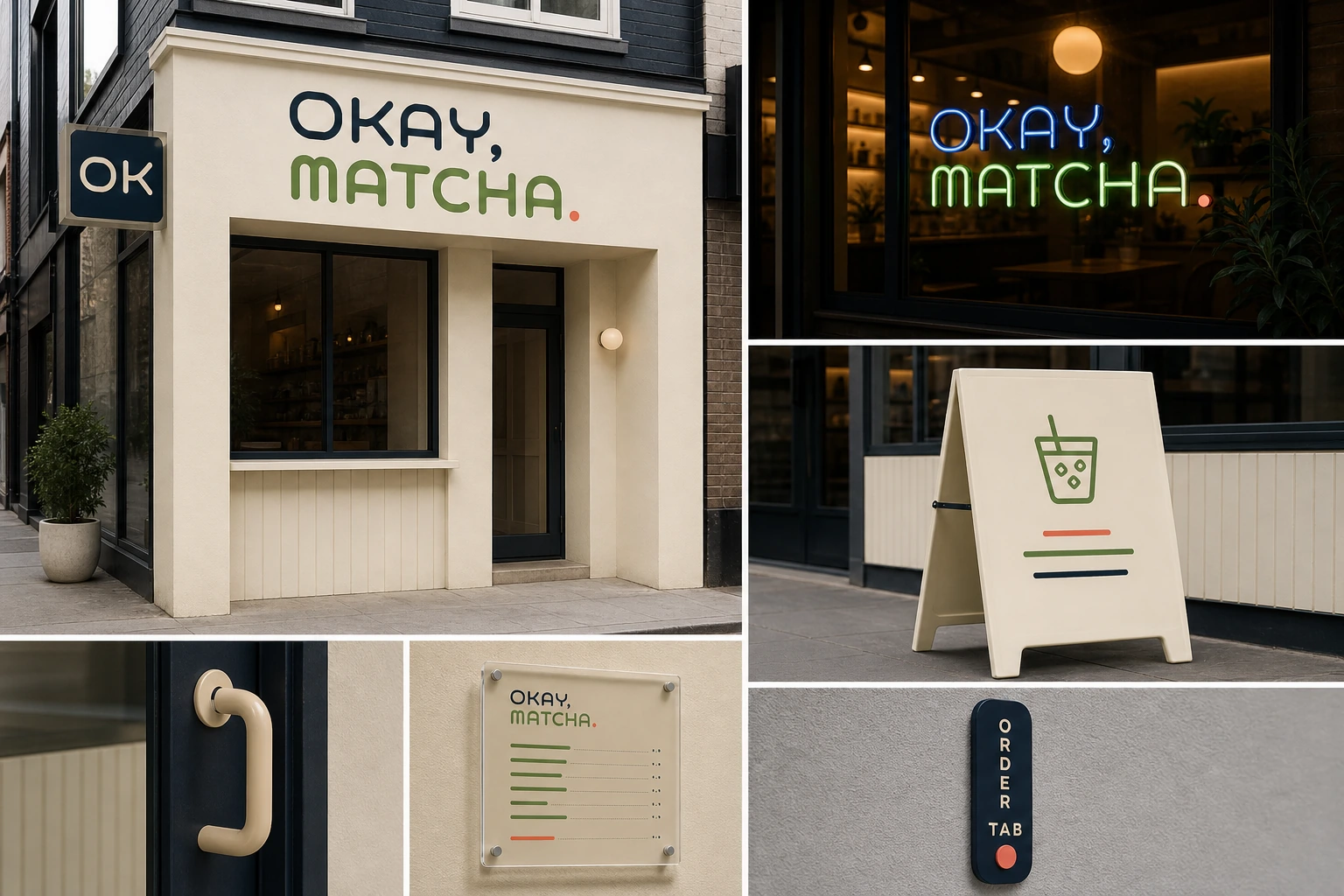 OKAY MATCHAの店頭サイン一式 — 外壁のワードマーク、ネオンサイン、Aフレームの看板