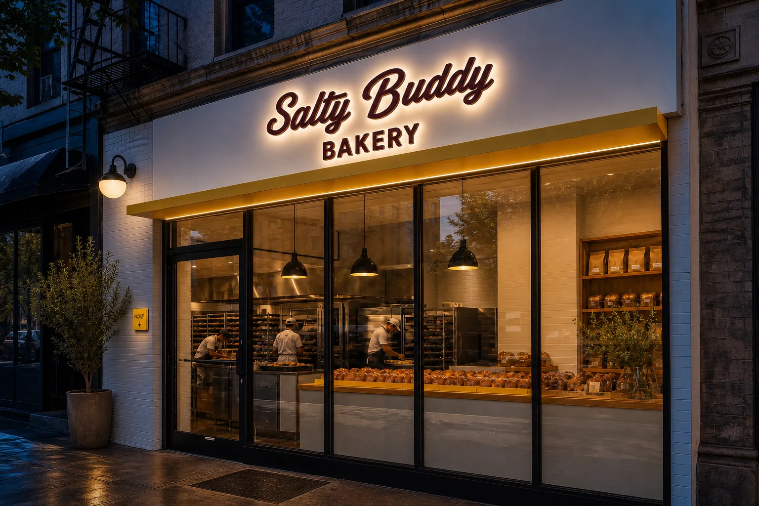 夜の街角で黄色い看板が灯るSALTY BUDDY BAKERYの店構え
