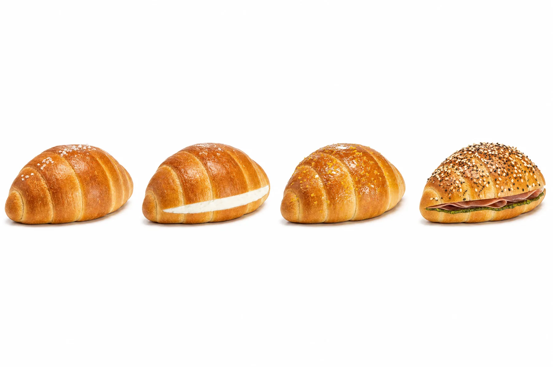 SALTY BUDDY BAKERYの塩パン四種が白い背景に並ぶ商品ラインアップ