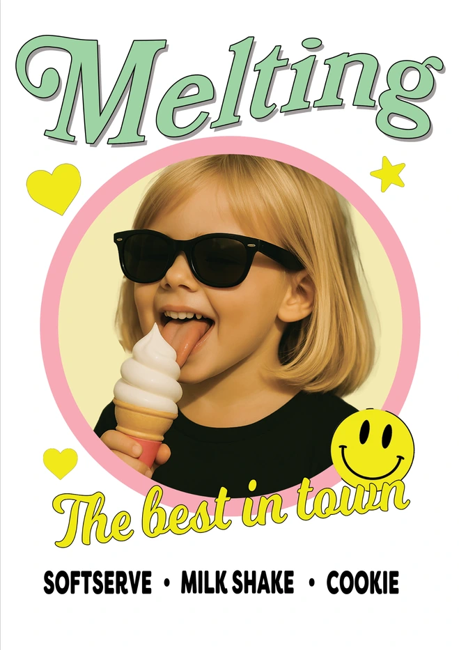 フロントプリントのデザイン。緑のMelting、ピンクの円の中の写真、黄色のThe best in town、SOFTSERVE・MILK SHAKE・COOKIE