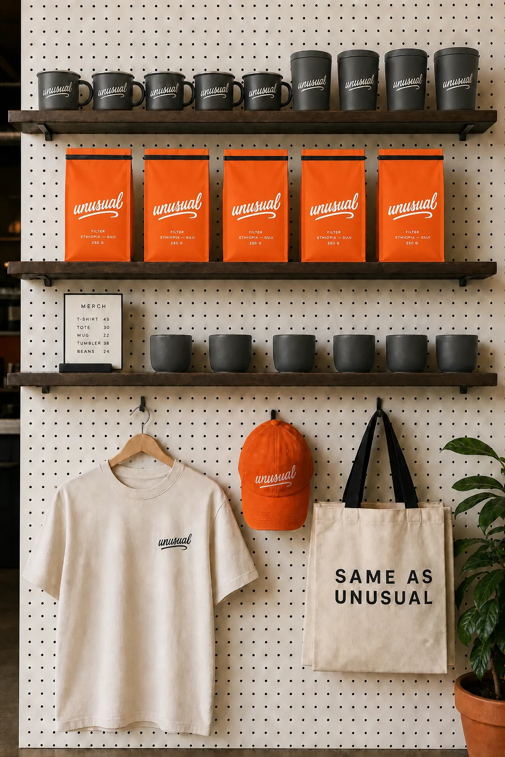 店内のグッズウォール — Tシャツ、トート、キャップ、豆袋をチャコールの木壁に掛けて