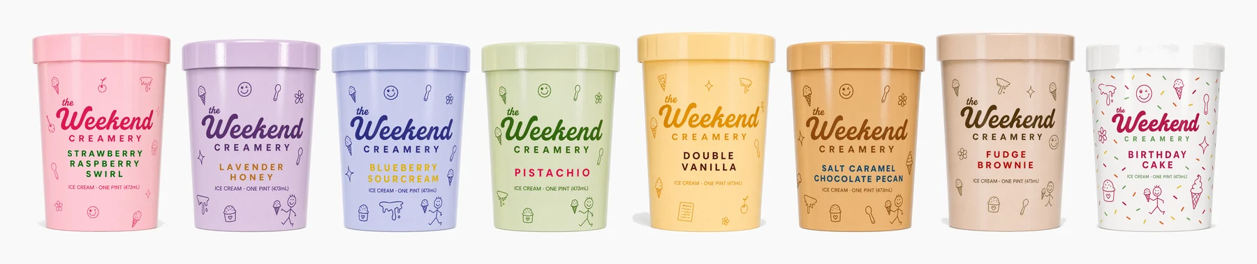 THE WEEKEND CREAMERYの8種類のパイントが味別の色で並ぶ商品ラインアップ