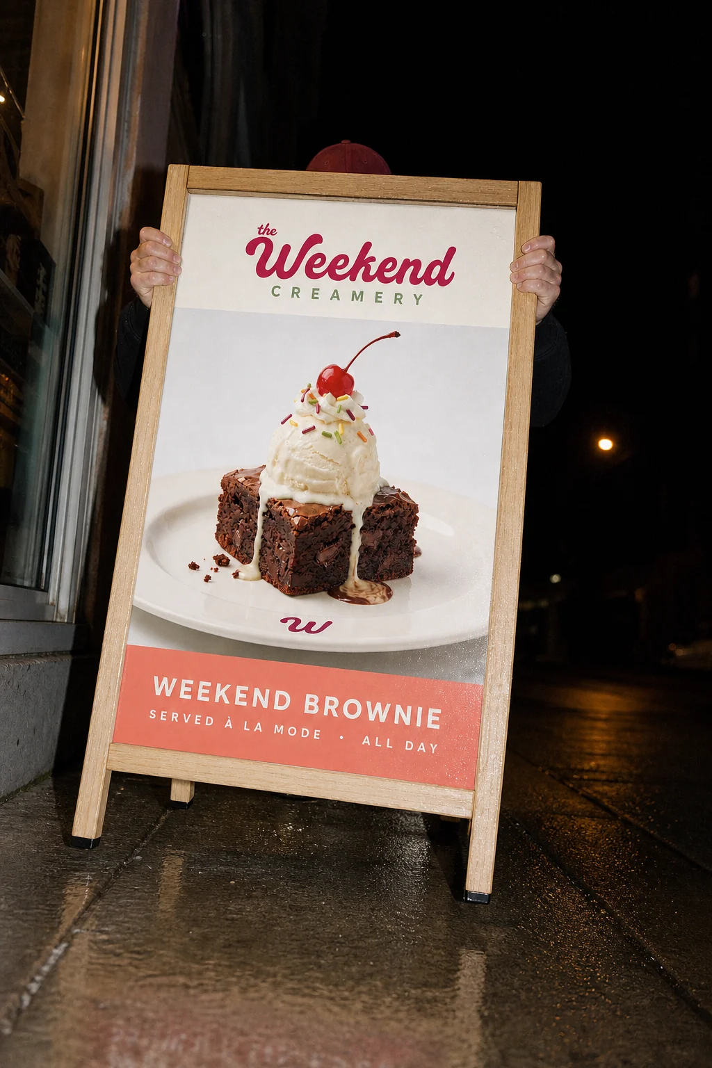 夜の歩道に置かれるWeekend Brownieの店頭サイン
