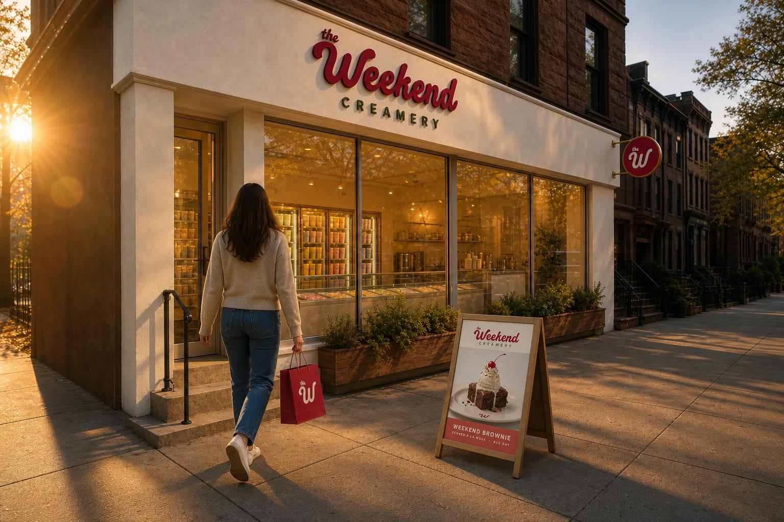 ゴールデンアワーの街角にあるTHE WEEKEND CREAMERYの店舗、サイン、商品を持つ来店客